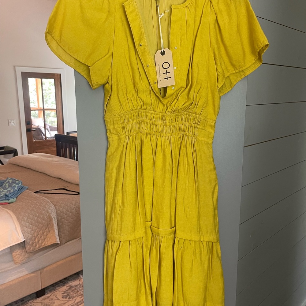 Yellow Ruched Flutter Sleeve Midi Sundress
